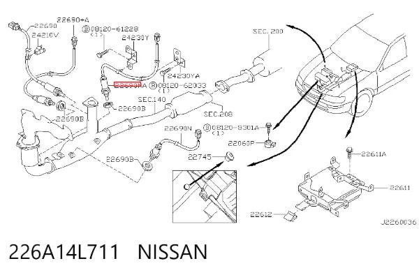 Лямбда-зонд, датчик кислорода до катализатора левый 226A14L711 Nissan/Infiniti