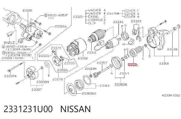 Бендикс стартера 2331231U00 Nissan/Infiniti