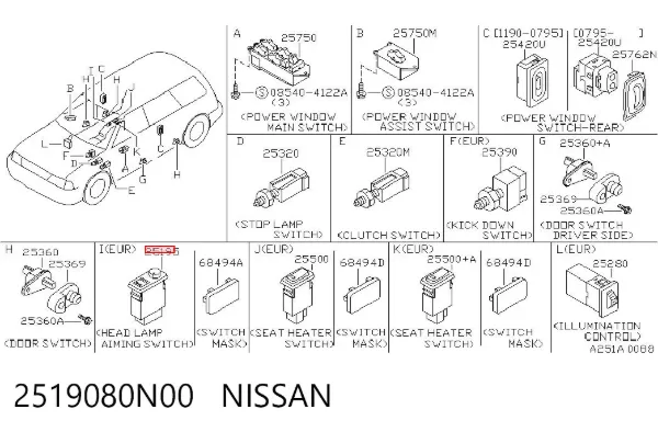 Кнопка (регулятор) корректора фар 2519080N00 Nissan/Infiniti
