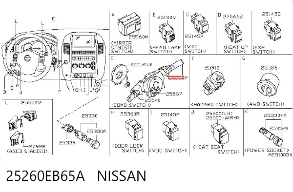 Правый подрулевой переключатель 25260EB65A Nissan/Infiniti