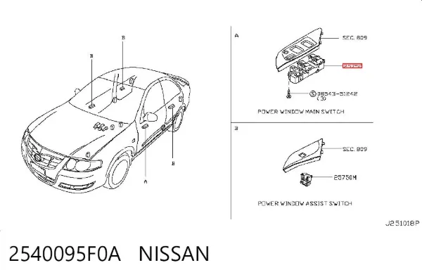 Кнопочный блок управления стеклоподъемником передний левый 2540095F0A Nissan/Infiniti
