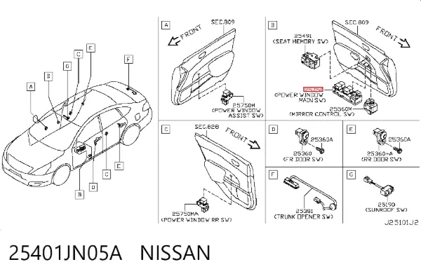Кнопочный блок управления стеклоподъемником передний левый 25401JN05A Nissan/Infiniti