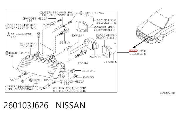 Правая фара 260103J626 Nissan/Infiniti