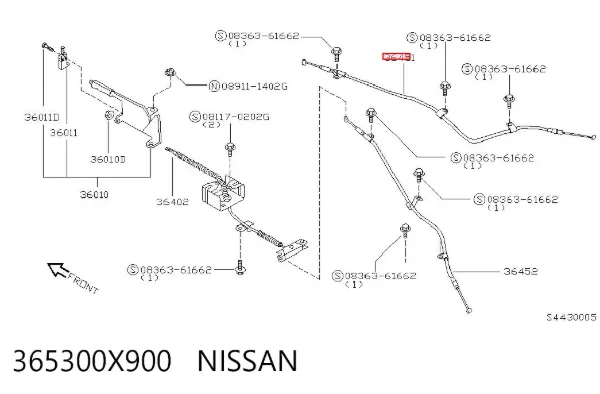 Задний правый трос ручника 365300X900 Nissan/Infiniti