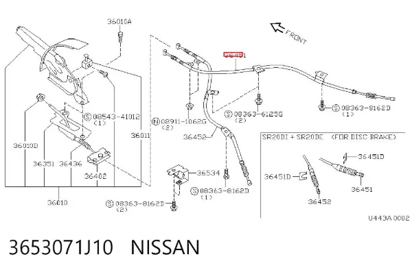 Задний правый трос ручника 3653071J10 Nissan/Infiniti