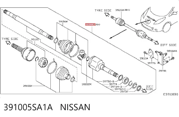 Правая полуось 391005SA1A Nissan/Infiniti