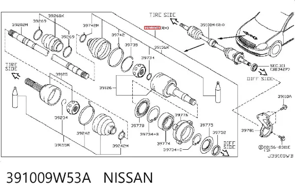 Правая полуось 391009W53A Nissan/Infiniti