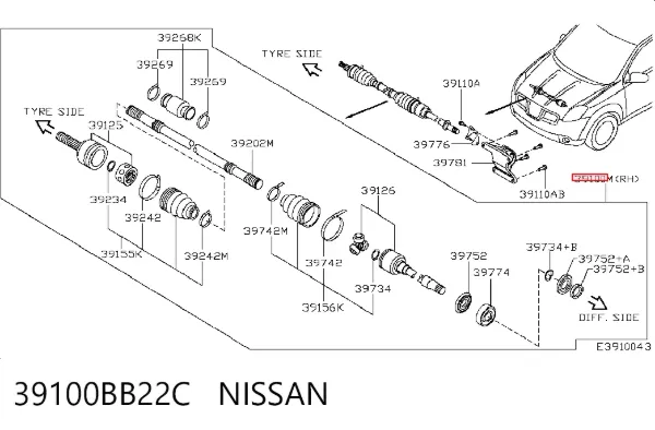 Правая полуось 39100BB22C Nissan/Infiniti