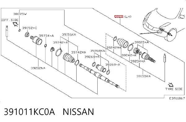 Левая полуось 391011KC0A Nissan/Infiniti