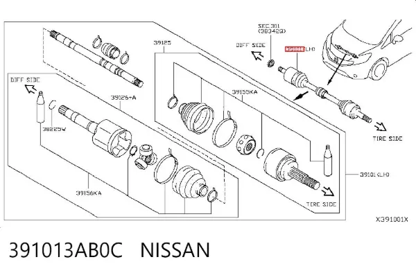 Левая полуось 391013AB0C Nissan/Infiniti