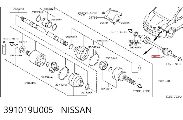 Левая полуось 391019U005 Nissan/Infiniti
