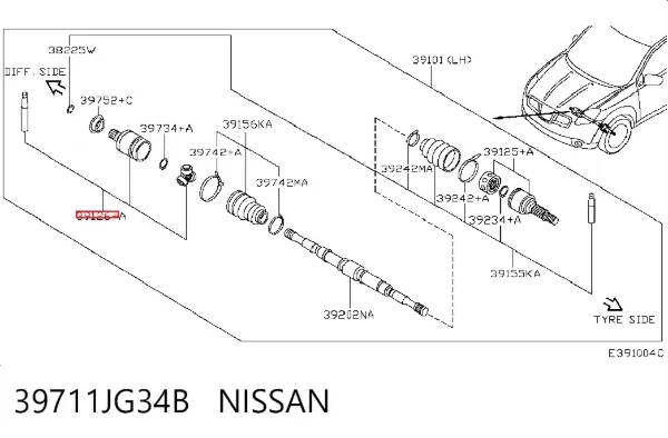 Шрус внутренний левый 39711JG34B Nissan/Infiniti