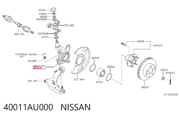Цапфа передняя левая 40011AU000 Nissan/Infiniti