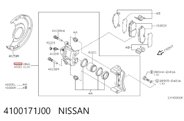 Суппорт тормозной передний правый 4100171J00 Nissan/Infiniti