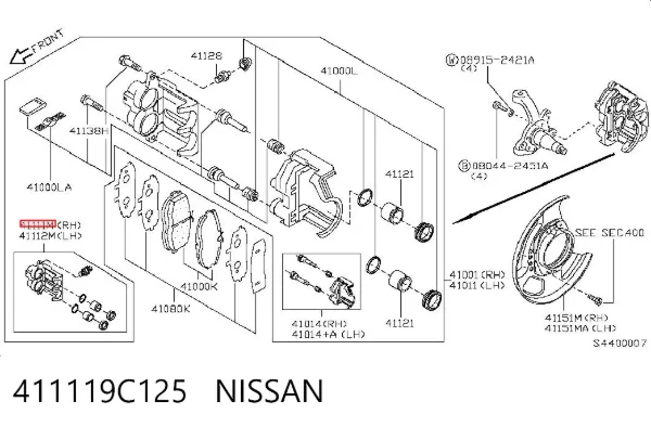 Суппорт тормозной передний правый 411119C125 Nissan/Infiniti