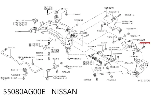 Болт заднего продольного рычага (развальный) 55080AG00E Nissan/Infiniti