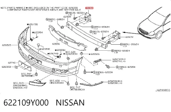 Кронштейн усилителя переднего бампера 622109Y000 Nissan/Infiniti