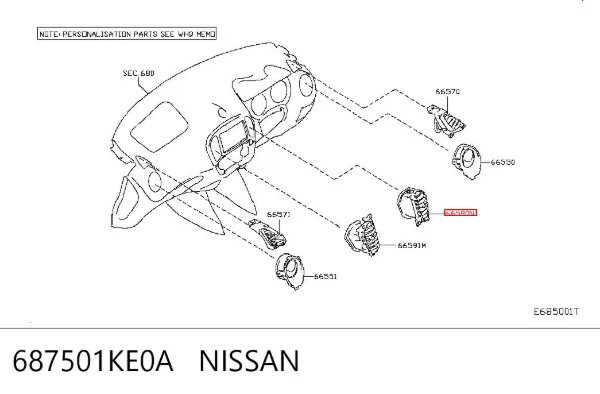 Решетка вентиляции салона на "торпедо" 687501KE0A Nissan/Infiniti