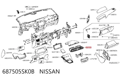 Решетка вентиляции салона на "торпедо" NISSAN 687505SK0B