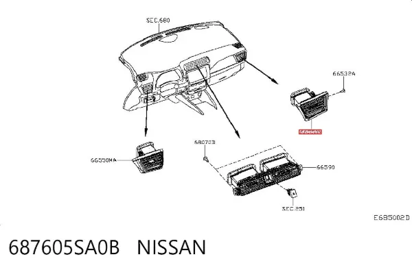Решетка вентиляции салона на "торпедо" правая 687605SA0B Nissan/Infiniti
