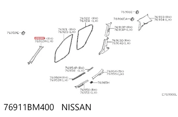 Обшивка стойки кузова внутренняя передняя правая 76911BM400 Nissan/Infiniti
