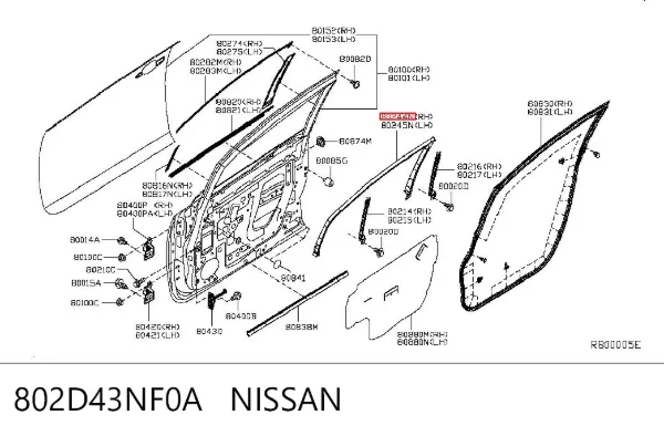 Рама стекла передней двери правой 802D43NF0A Nissan/Infiniti