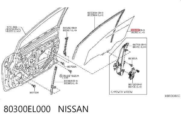 Стекло двери передней правой 80300EL000 Nissan/Infiniti