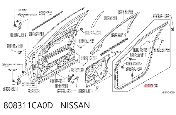 Уплотнитель двери передней левой (на двери) 808311CA0D Nissan/Infiniti