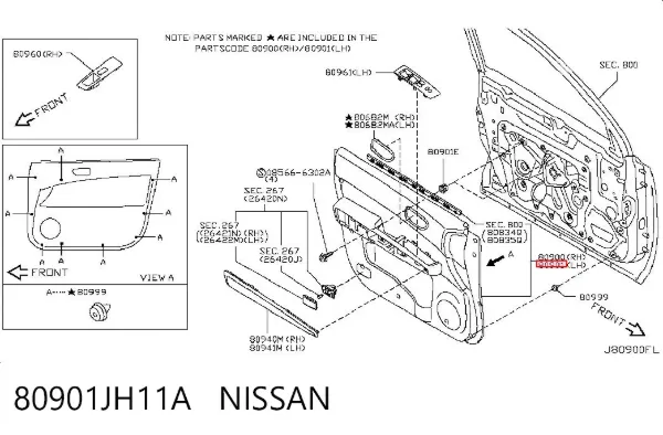 Обшивка (облицовка) внутренняя двери передней левой 80901JH11A Nissan/Infiniti