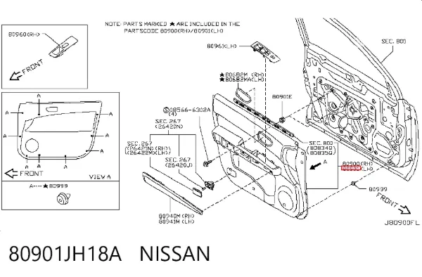 Обшивка (облицовка) внутренняя двери передней левой 80901JH18A Nissan/Infiniti