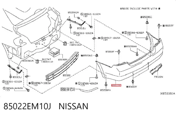 Задний бампер 85022EM10J Nissan/Infiniti