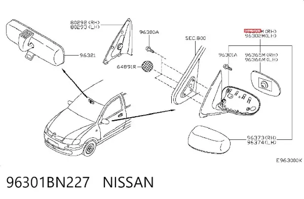 Правое зеркало 96301BN227 Nissan/Infiniti