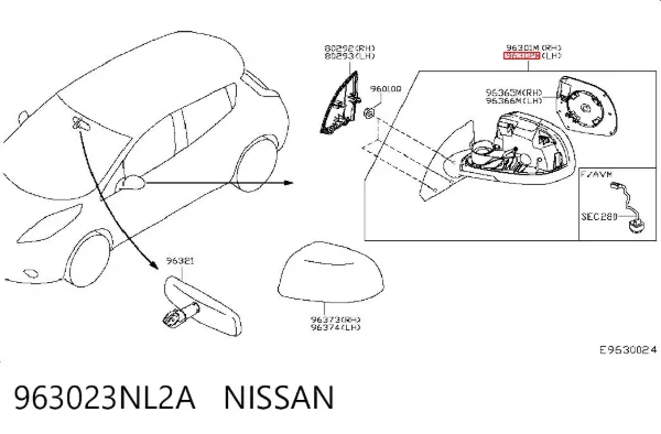 Левое боковое зеркало 963023NL2A Nissan/Infiniti