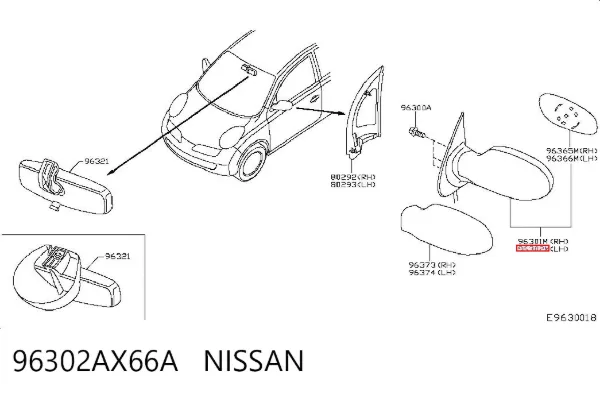 Левое боковое зеркало 96302AX66A Nissan/Infiniti