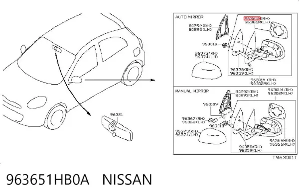 Стекло правого зеркала заднего вида 963651HB0A Nissan/Infiniti