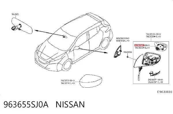 Стекло правого зеркала заднего вида 963655SJ0A Nissan/Infiniti