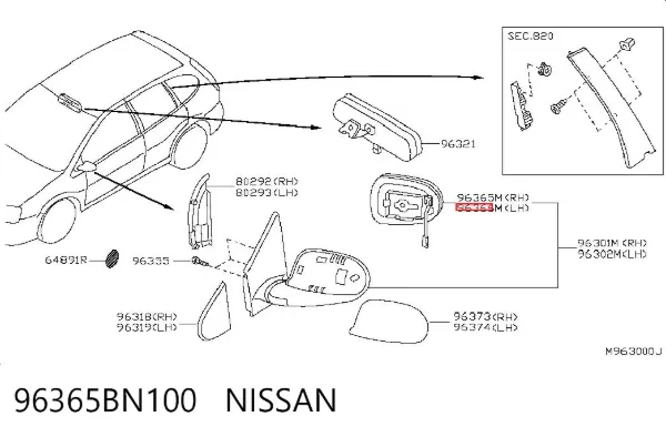 Стекло правого зеркала заднего вида 96365BN100 Nissan/Infiniti