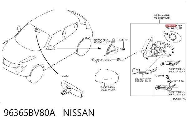 Стекло правого зеркала заднего вида 96365BV80A Nissan/Infiniti