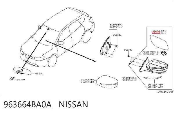 Стекло левого зеркала заднего вида 963664BA0A Nissan/Infiniti