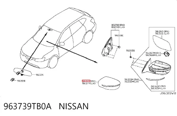 Накладка (крышка) зеркала заднего вида правая 963739TB0A Nissan/Infiniti