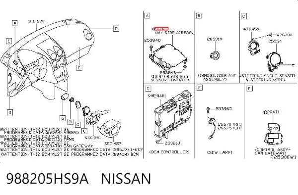 Модуль-процессор управления подушкой безопасности (ЭБУ AIRBAG) 988205HS9A Nissan/Infiniti