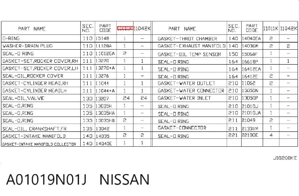 Комплект прокладок A01019N01J Nissan/Infiniti