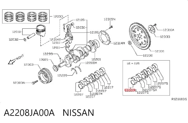 Вкладыши коленвала коренные, комплект, 1-й ремонт (+0,25) A2208JA00A Nissan/Infiniti