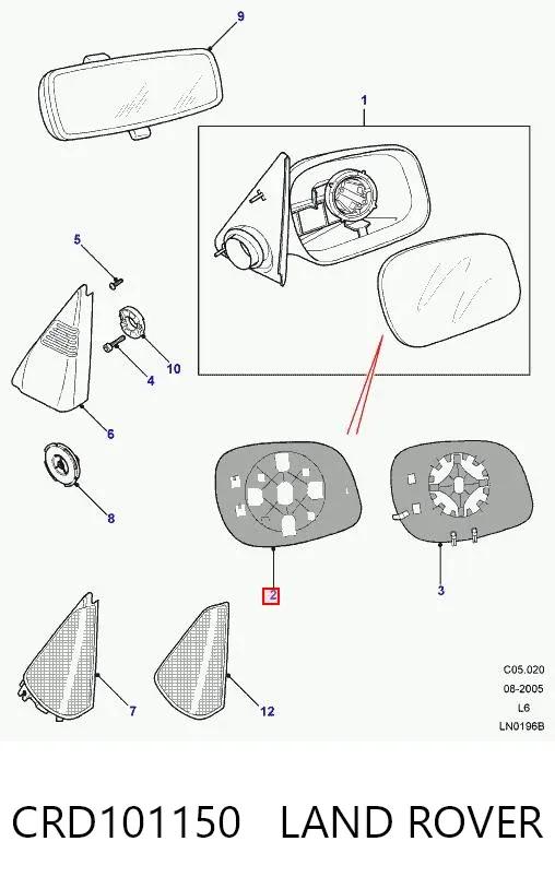 Стекло правого зеркала заднего вида CRD101150 Land Rover