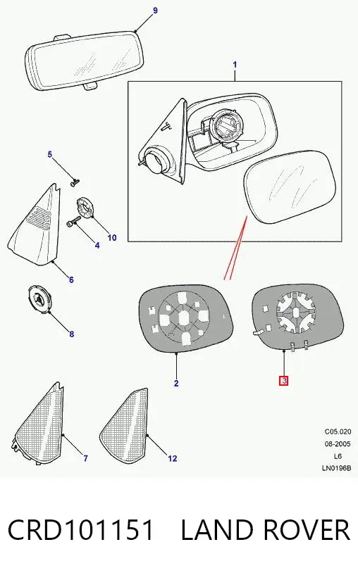 Стекло правого зеркала заднего вида CRD101151 Land Rover
