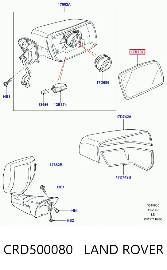 Стекло правого зеркала заднего вида CRD500080 Land Rover