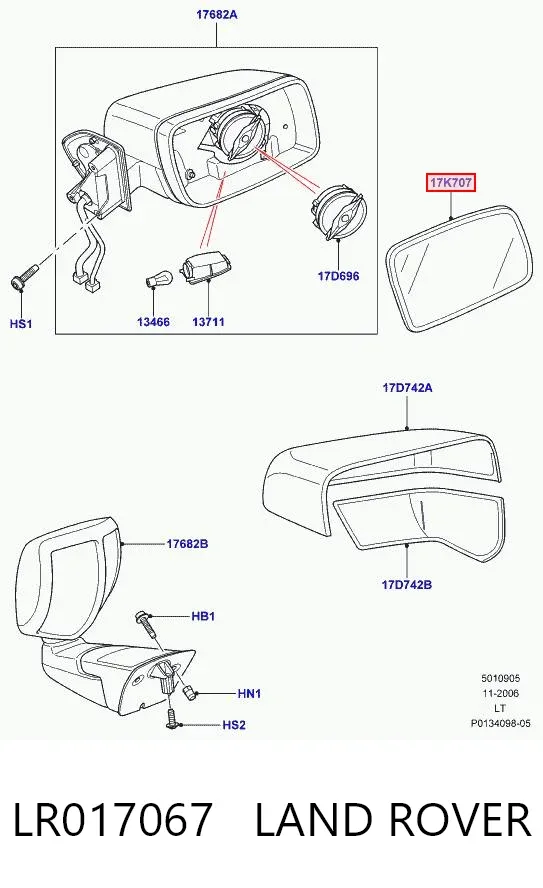 Стекло правого зеркала заднего вида LR017067 Land Rover