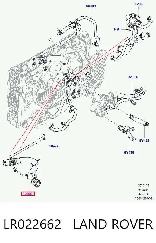 Патрубок радиатора LR022662 Land Rover