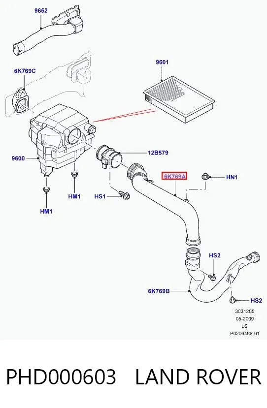 Выпускной патрубок воздушного фильтра PHD000603 Land Rover