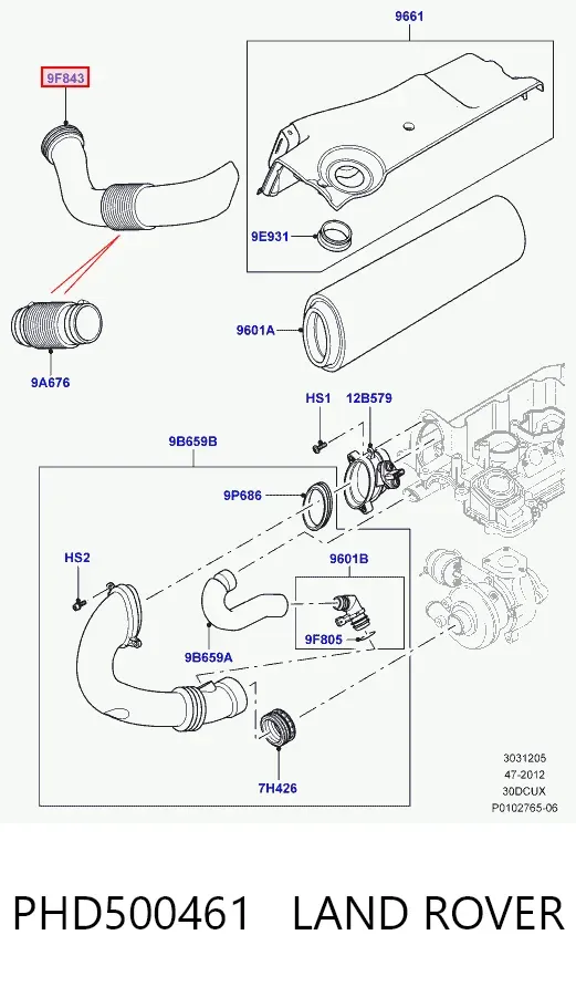 Впускной патрубок воздушного фильтра PHD500461 Land Rover